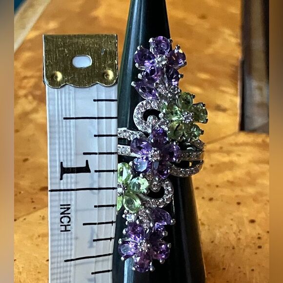 Natural Amethyst Peridot Sterling Silver Cocktail Ring - Picture 6 of 8